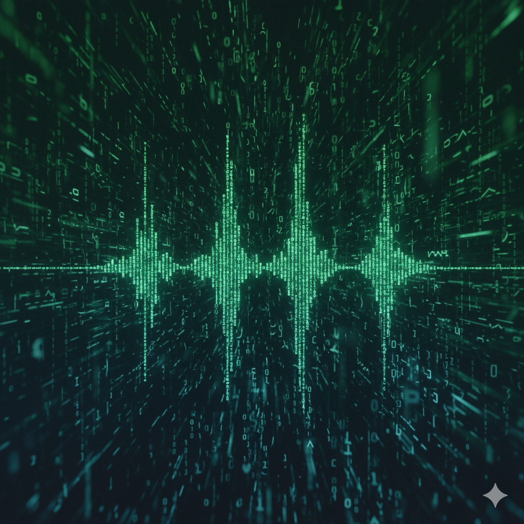 A Matrix inspired Voice Wave. Green audio waves on a green text background created by Google Gemini
