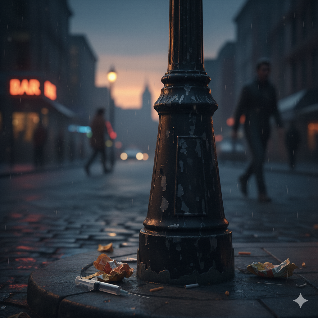 An AI generated image of a syringe sitting near the base of a streetlamp.